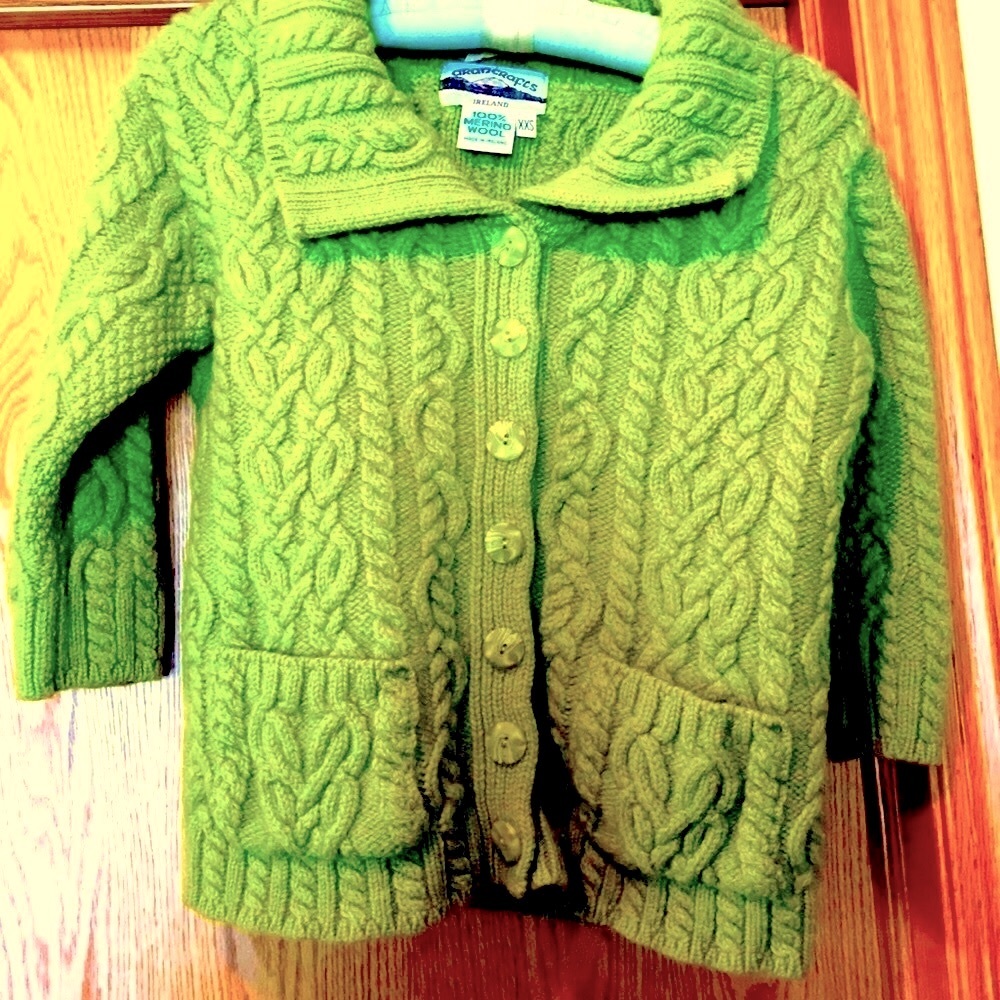 NEW Aran Crafts Irish Merino wool green 3/4 sleeve short button cardigan sweater